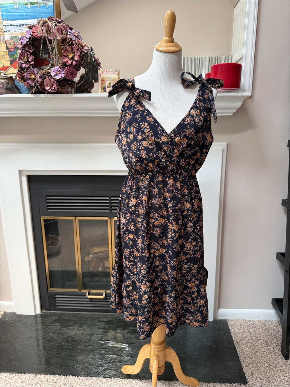 Floral Tie-Shoulder Sundress in Navy and Tan